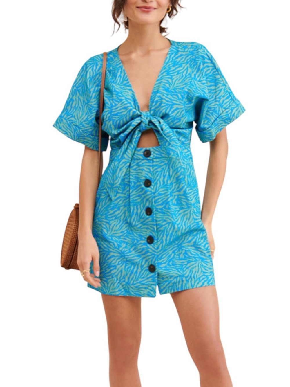 Suboo Maggie Tie-Front Blue Zebra Print Mini Dress SMALL